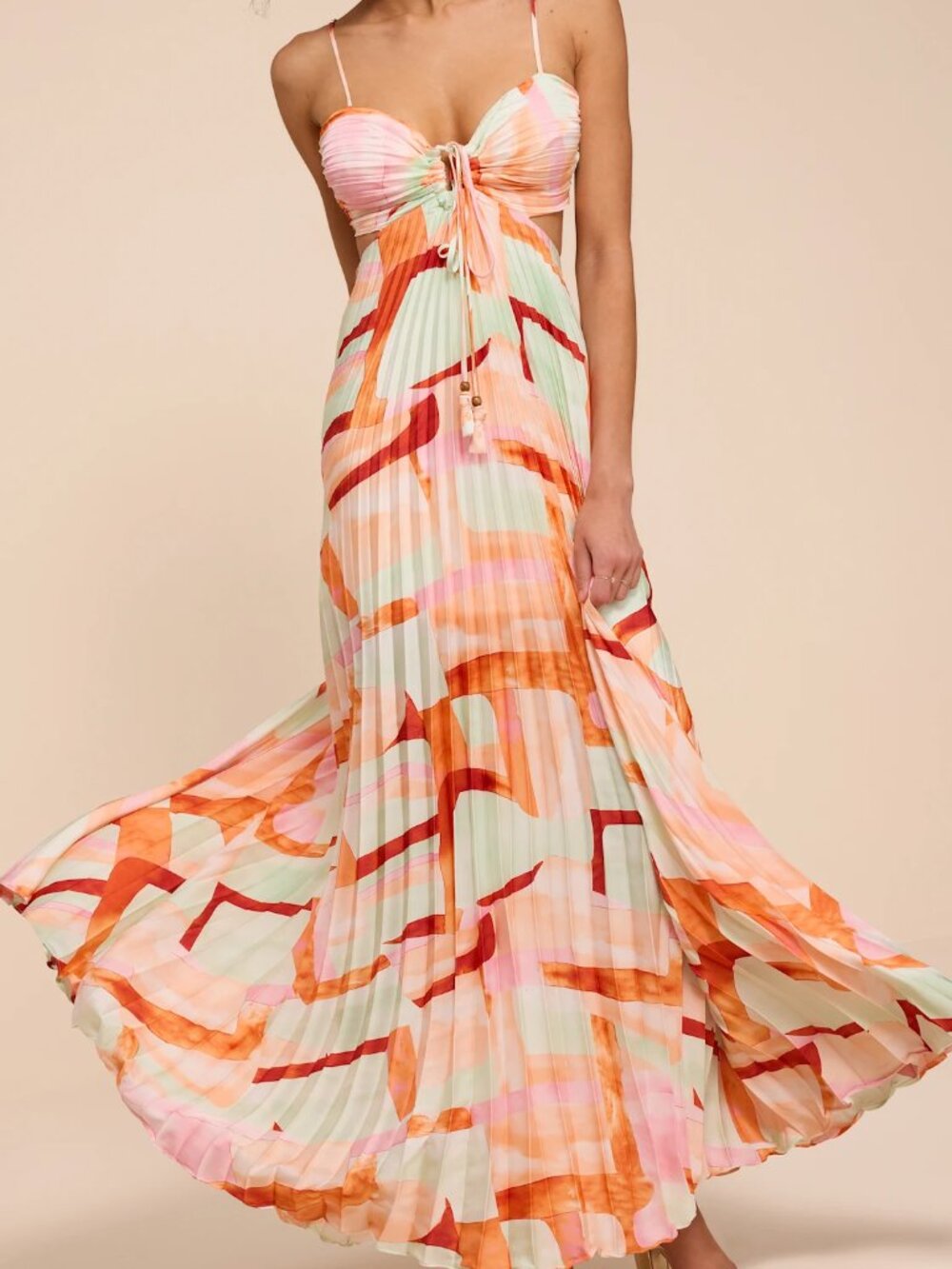 NWT AAKAA Myla Mint Green Multi Pleated Tie-Back Maxi Dress Medium